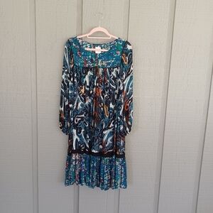 Tryb Silk Dress Size S Women Long Sleeve Mix Print Button Boho